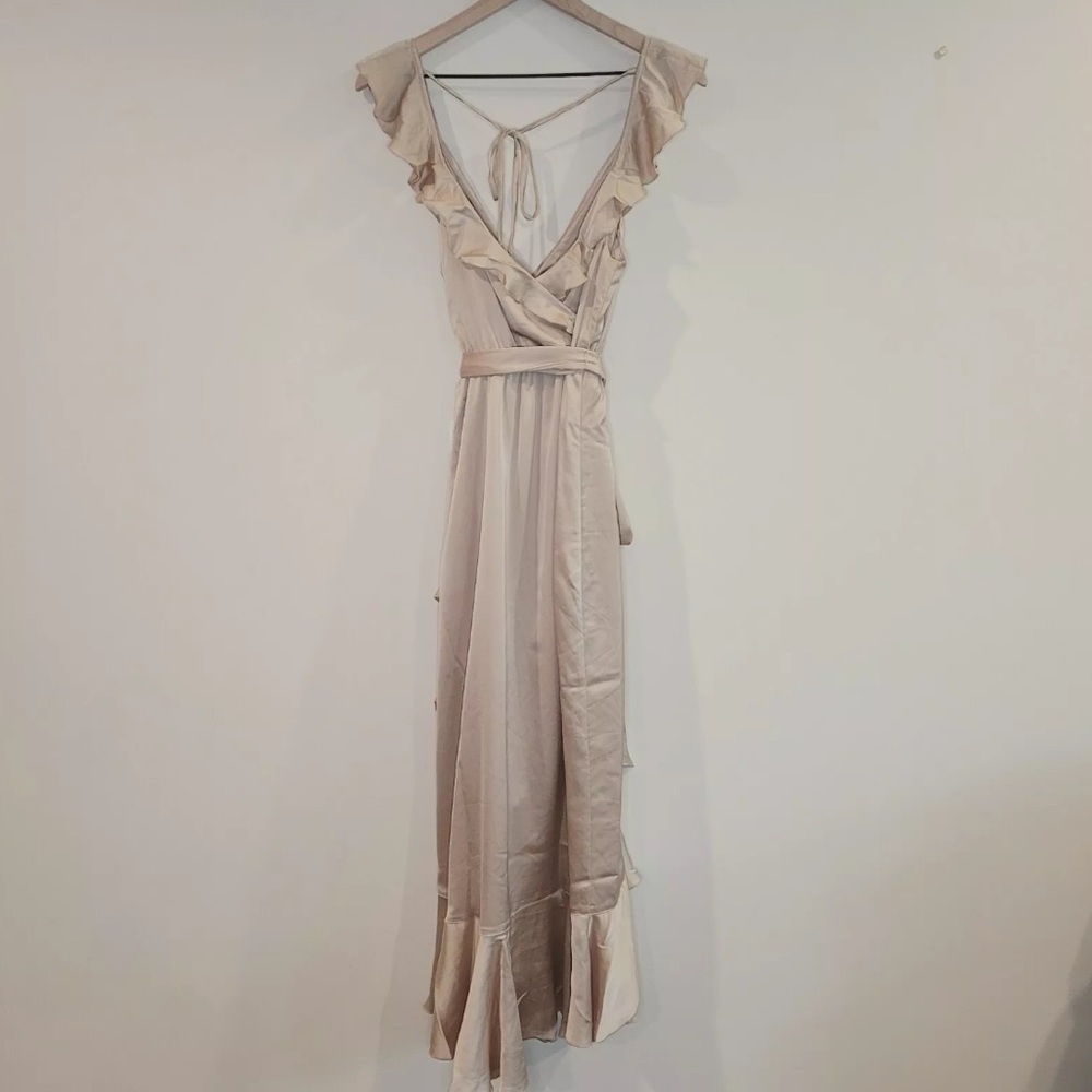 Show Me Your Mumu Samantha Ruffle Wrap Dress Champagne Luxe Satin Medium